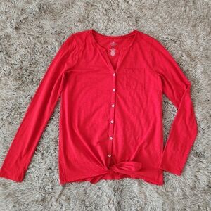 St John's Bay Long Sleeve Tie Waist Button Down Top‎ Red Womens Size Small Tall